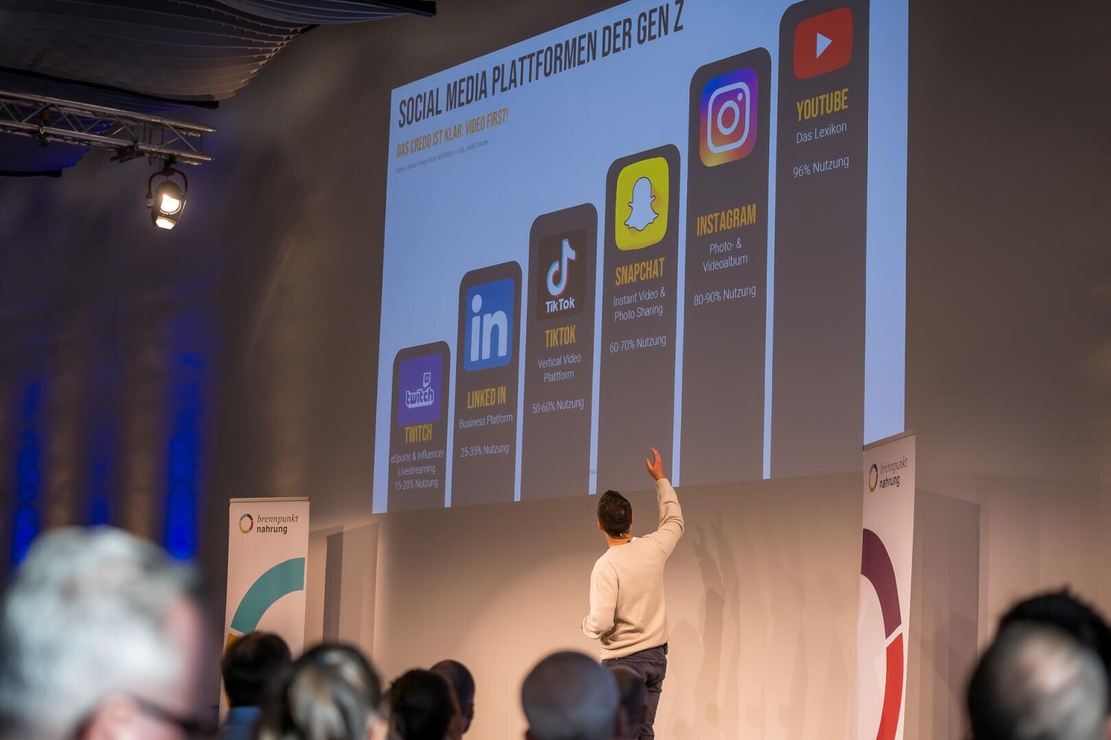 Ein Mann spricht vor einem Publikum in einem Konferenzraum und zeigt auf einen Bildschirm, auf dem beliebte Social-Media-Plattformen wie TikTok, Snapchat, Instagram und YouTube mit Statistiken über die Nutzung der Gen Z auf Deutsch angezeigt werden.