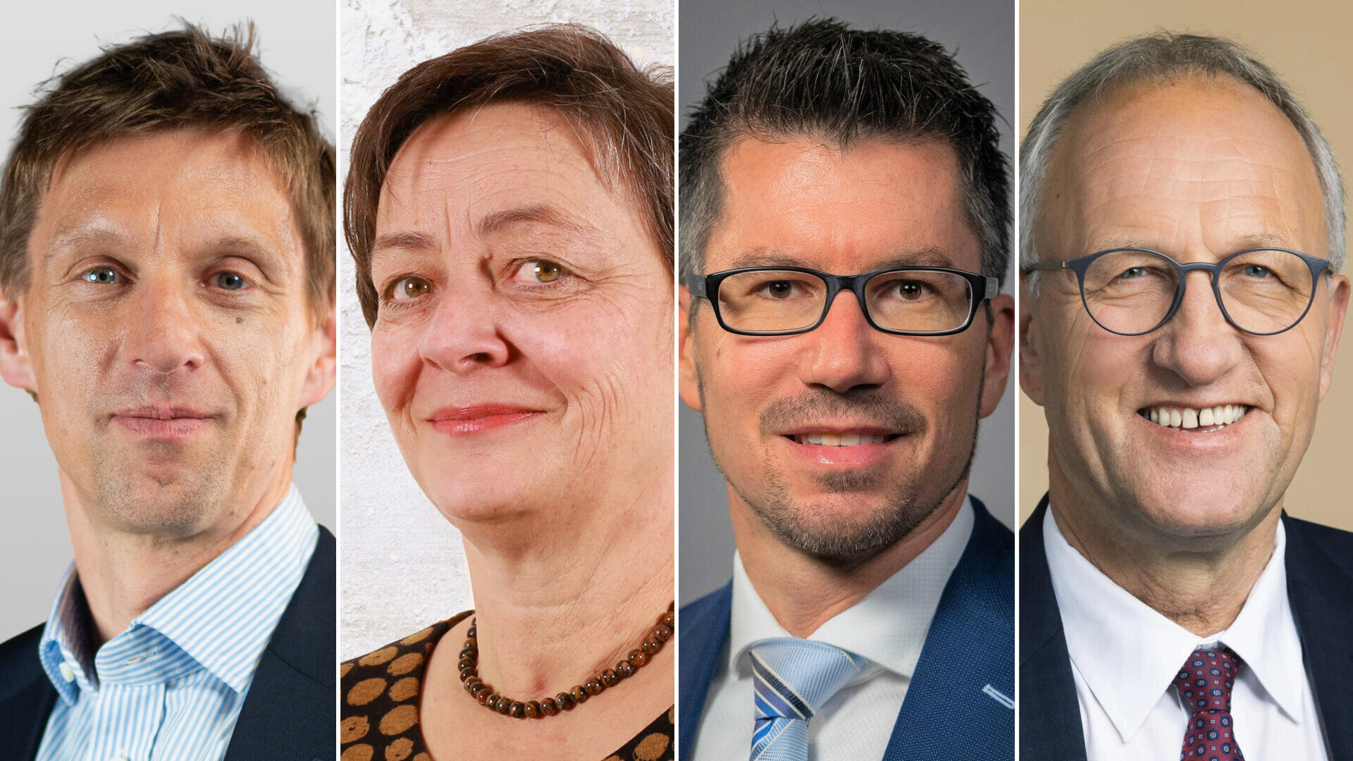 Ein geteiltes Bild zeigt vier professionell gekleidete Erwachsene – drei Männer und eine Frau –, die vor einem neutralen Hintergrund nach vorne blicken und alle selbstbewusst und zugänglich wirken.