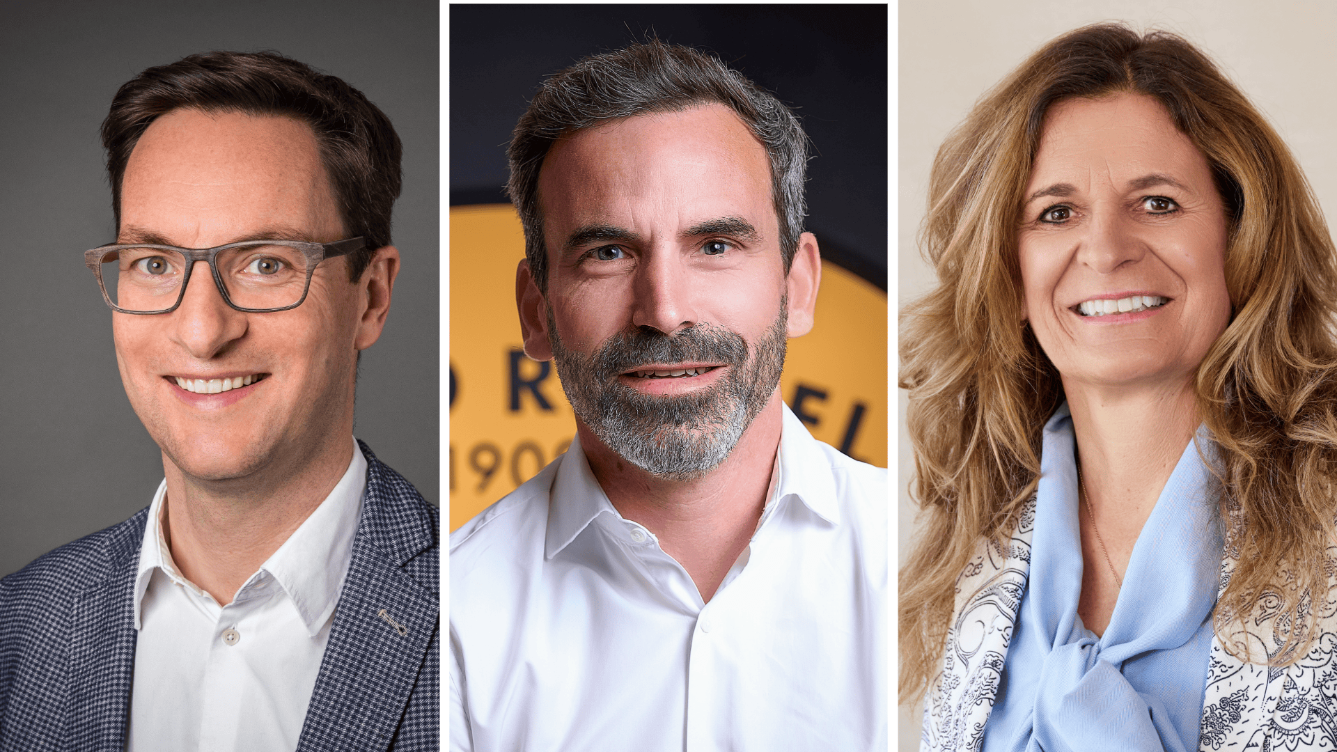 In einem geteilten Bild sind drei Personen zu sehen: links ein Mann mit Brille in einem karierten Blazer, in der Mitte ein Mann mit Bart in einem weißen Hemd und rechts eine Frau mit langen Haaren und einem blauen Schal – alle lächeln.